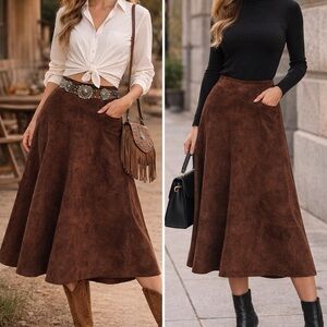 Chocolate Brown Suede Leather  Midi Skirt minimal chic western 70’s